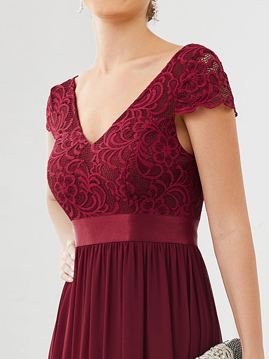 Elegant Lace V-Neck Short Sleeves Chiffon Mother of the Bride Dress Formal Evening Dresses