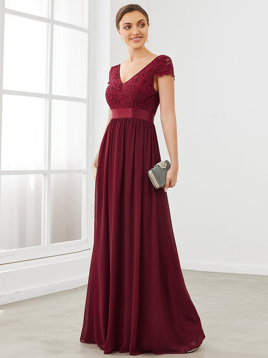Elegant Lace V-Neck Short Sleeves Chiffon Mother of the Bride Dress Formal Evening Dresses