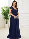 Elegant Lace V-Neck Short Sleeves Chiffon Mother of the Bride Dress Formal Evening Dresses