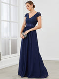 Elegant Lace V-Neck Short Sleeves Chiffon Mother of the Bride Dress Formal Evening Dresses