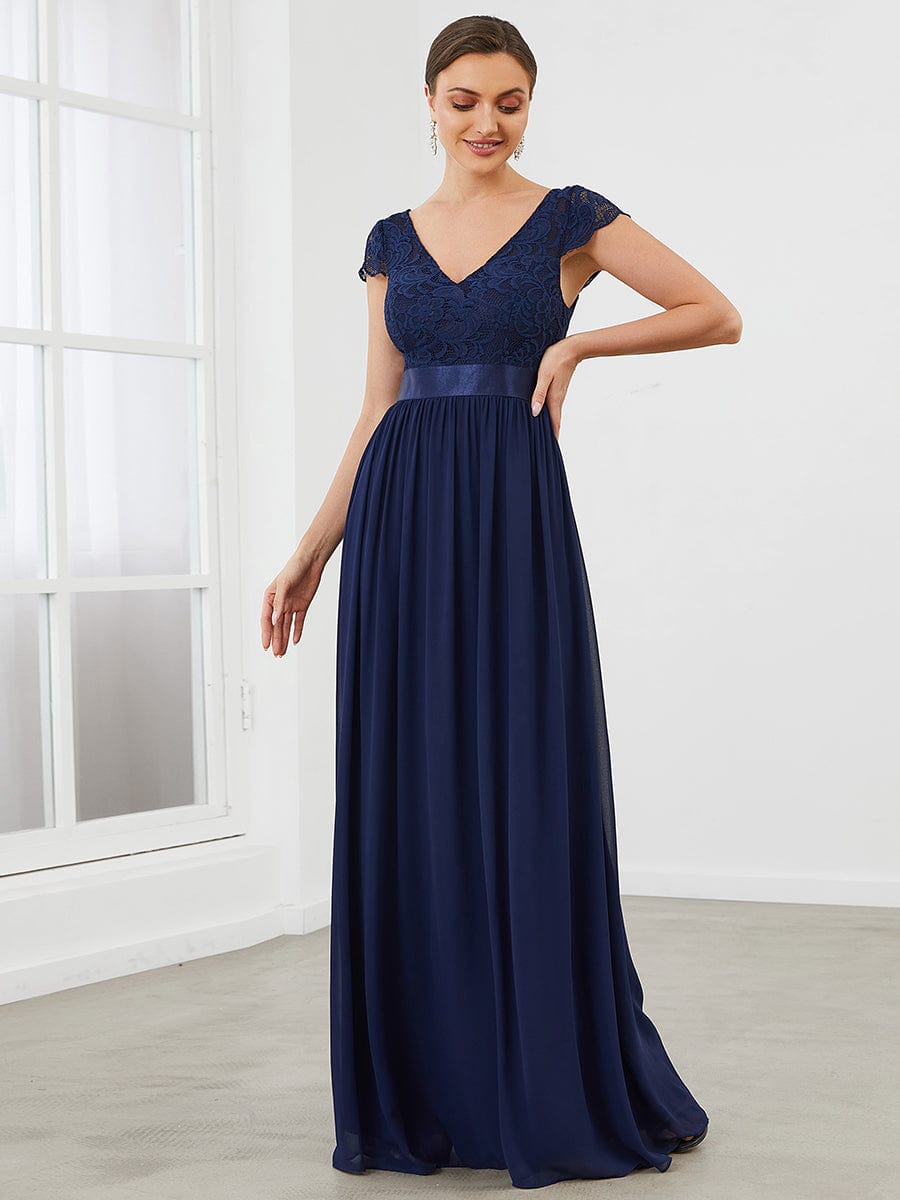 Elegant Lace V-Neck Short Sleeves Chiffon Mother of the Bride Dress Formal Evening Dresses
