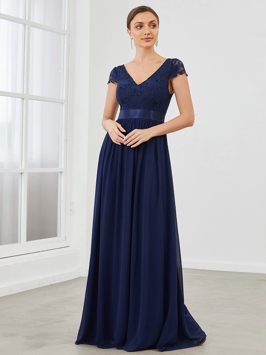 Elegant Lace V-Neck Short Sleeves Chiffon Mother of the Bride Dress Formal Evening Dresses