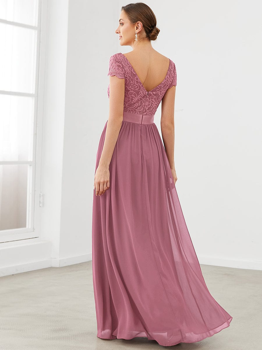 Elegant Lace V-Neck Short Sleeves Chiffon Mother of the Bride Dress Formal Evening Dresses