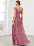 Elegant Lace V-Neck Short Sleeves Chiffon Mother of the Bride Dress Formal Evening Dresses
