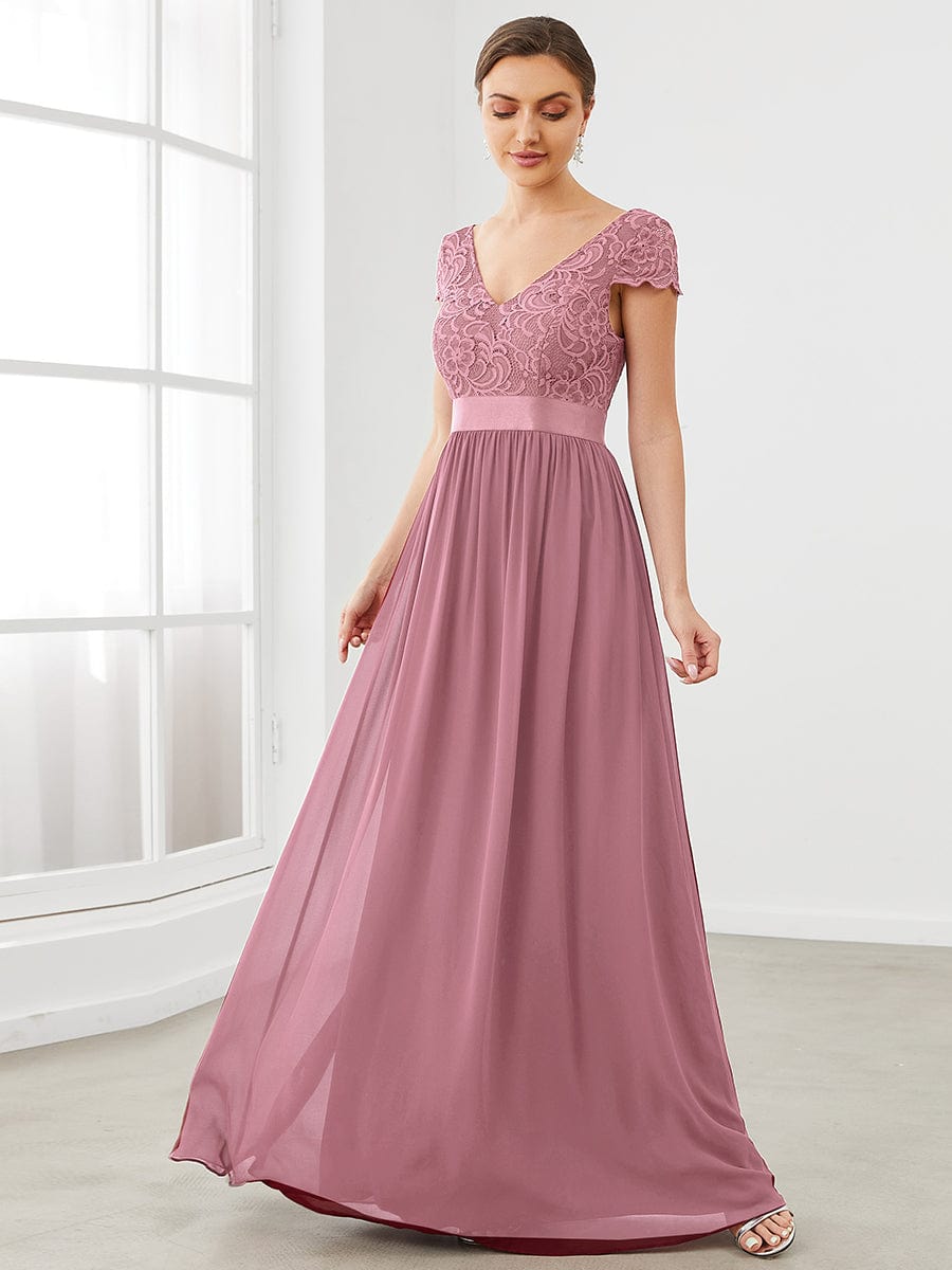 Elegant Lace V-Neck Short Sleeves Chiffon Mother of the Bride Dress Formal Evening Dresses