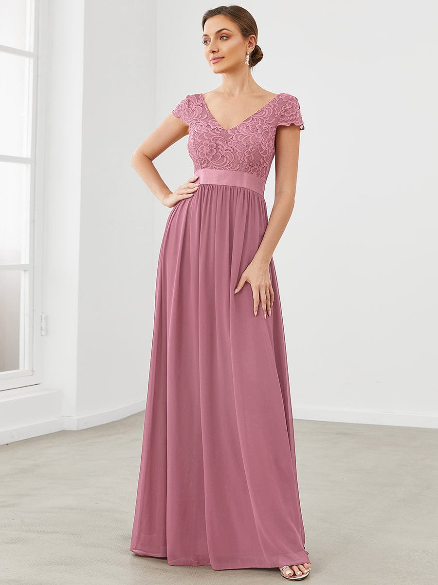 Elegant Lace V-Neck Short Sleeves Chiffon Mother of the Bride Dress Formal Evening Dresses