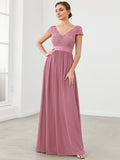 Elegant Lace V-Neck Short Sleeves Chiffon Mother of the Bride Dress Formal Evening Dresses