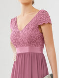 Elegant Lace V-Neck Short Sleeves Chiffon Mother of the Bride Dress Formal Evening Dresses