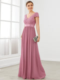 Elegant Lace V-Neck Short Sleeves Chiffon Mother of the Bride Dress Formal Evening Dresses