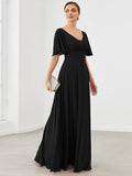Chiffon Flutter Sleeve V-Neck Mother of the Bride Dress Formal Evening Dresses