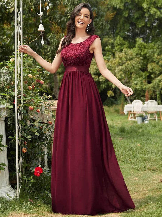 Classic Round Neck V Back Lace Bodice Bridesmaid Dress Formal Evening Dresses Party Gowns