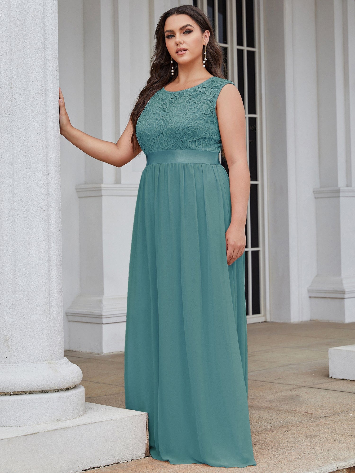 Vestido de dama de honor clásico con escote redondo y espalda en V, de encaje, talla personalizada, para noche formal
