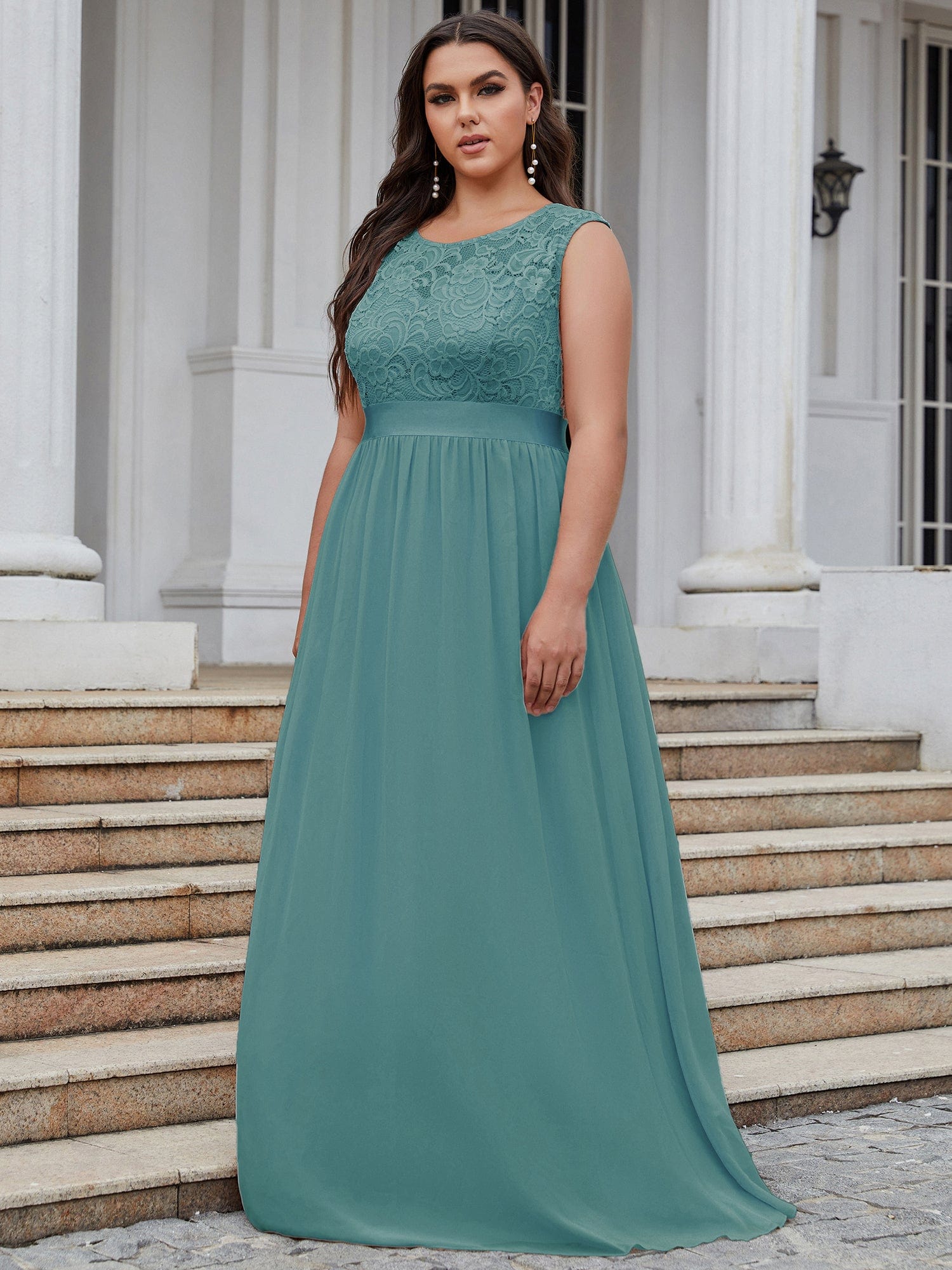 Vestido de dama de honor clásico con escote redondo y espalda en V, de encaje, talla personalizada, para noche formal