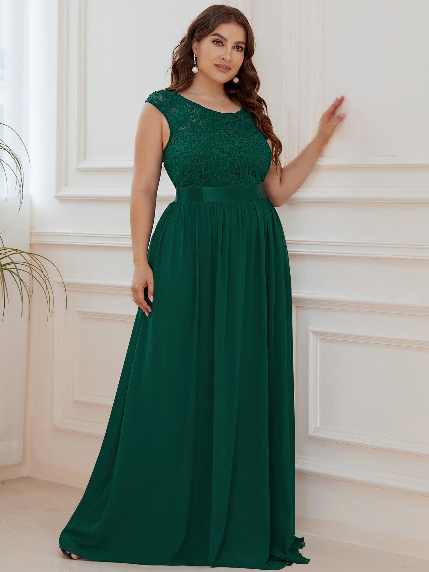 Vestido de dama de honor clásico con escote redondo y espalda en V, de encaje, talla personalizada, para noche formal