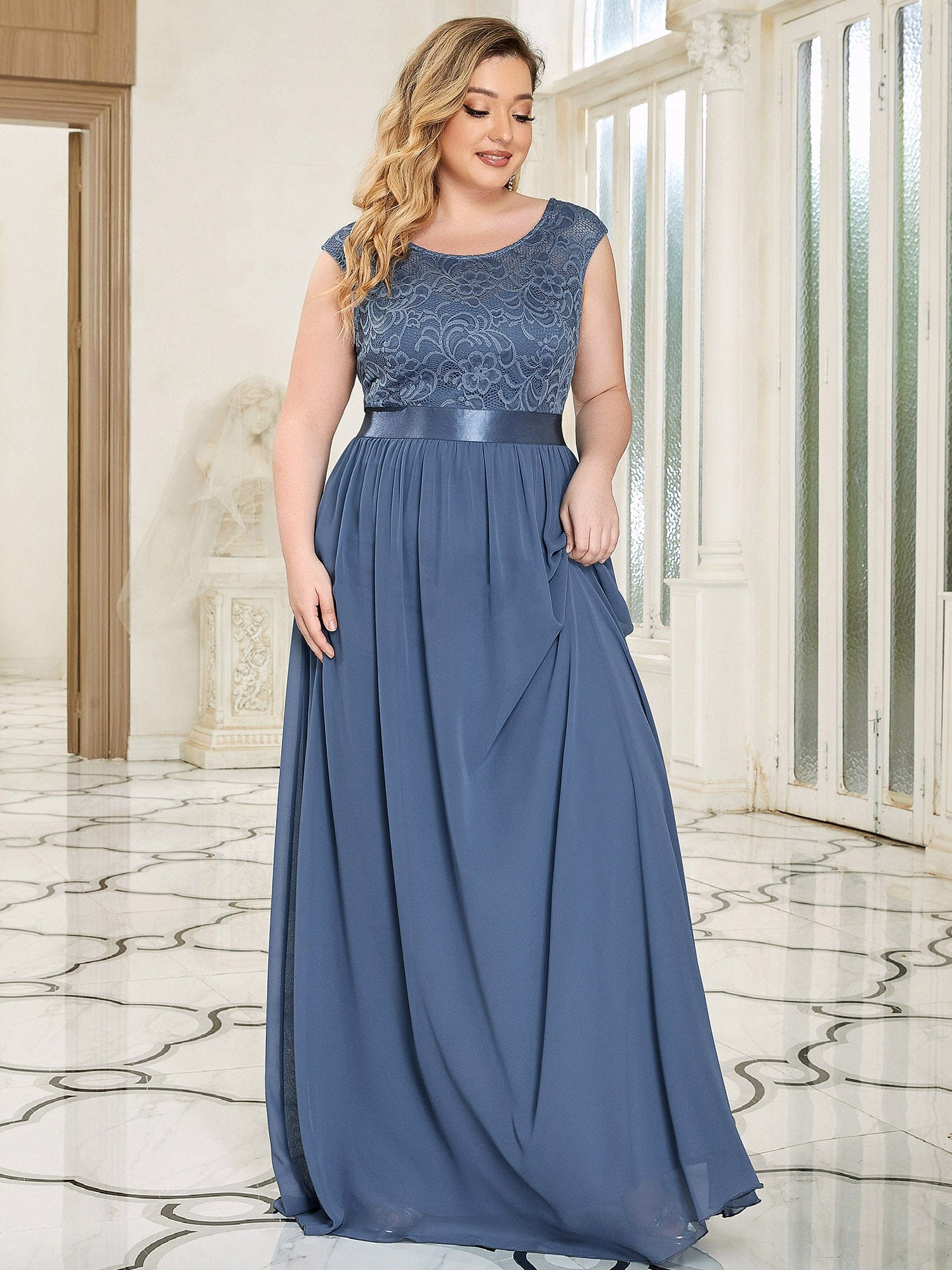 Vestido de dama de honor clásico con escote redondo y espalda en V, de encaje, talla personalizada, para noche formal