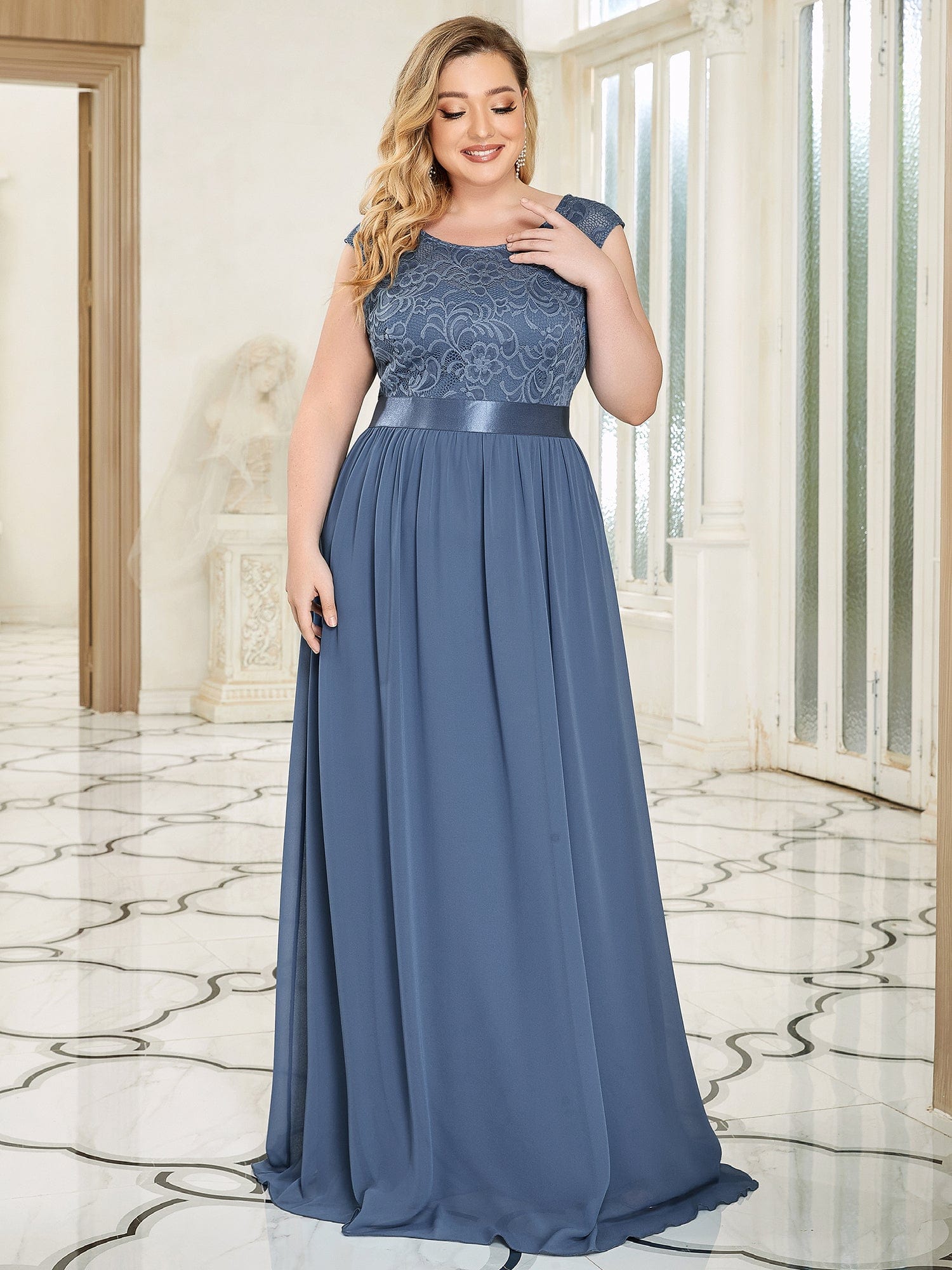 Vestido de dama de honor clásico con escote redondo y espalda en V, de encaje, talla personalizada, para noche formal