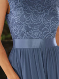 Vestido clásico de dama de honor con escote redondo, espalda descubierta y corpiño de encaje, vestidos de noche formales para mujer.