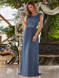 Vestido clásico de dama de honor con escote redondo, espalda descubierta y corpiño de encaje, vestidos de noche formales para mujer.