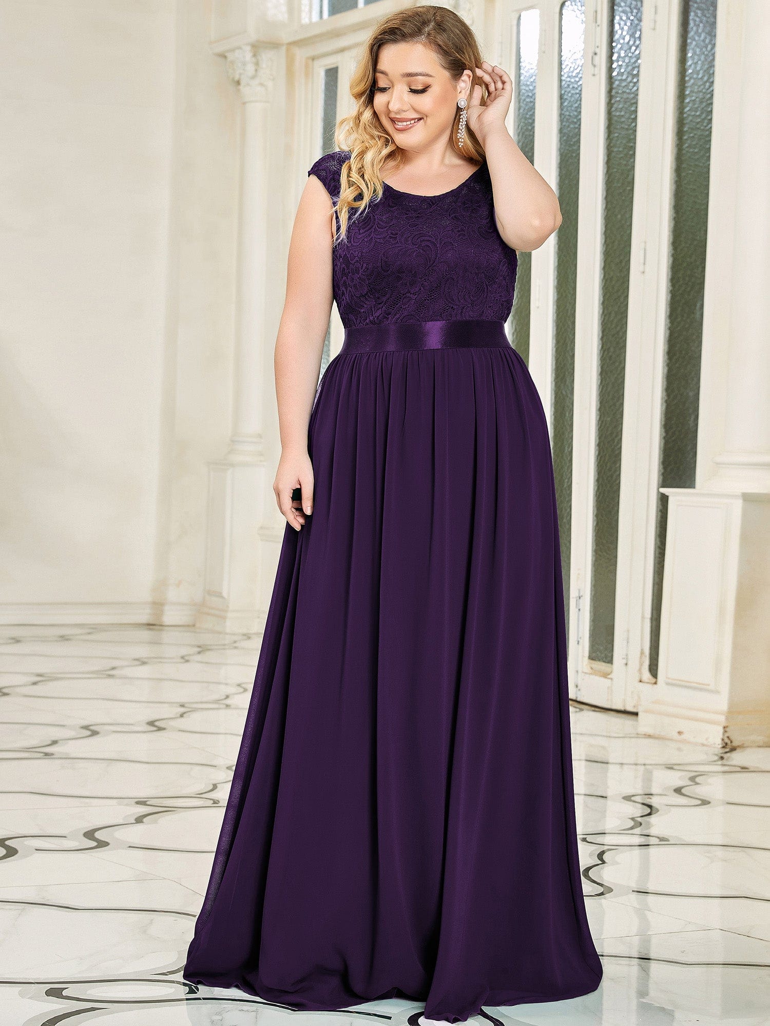 Vestido de dama de honor clásico con escote redondo y espalda en V, de encaje, talla personalizada, para noche formal