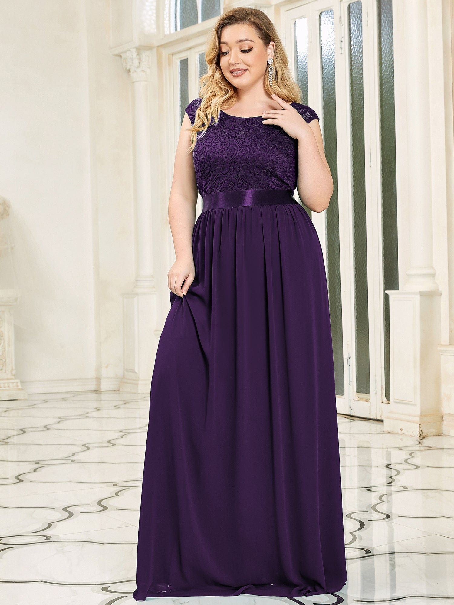 Vestido de dama de honor clásico con escote redondo y espalda en V, de encaje, talla personalizada, para noche formal