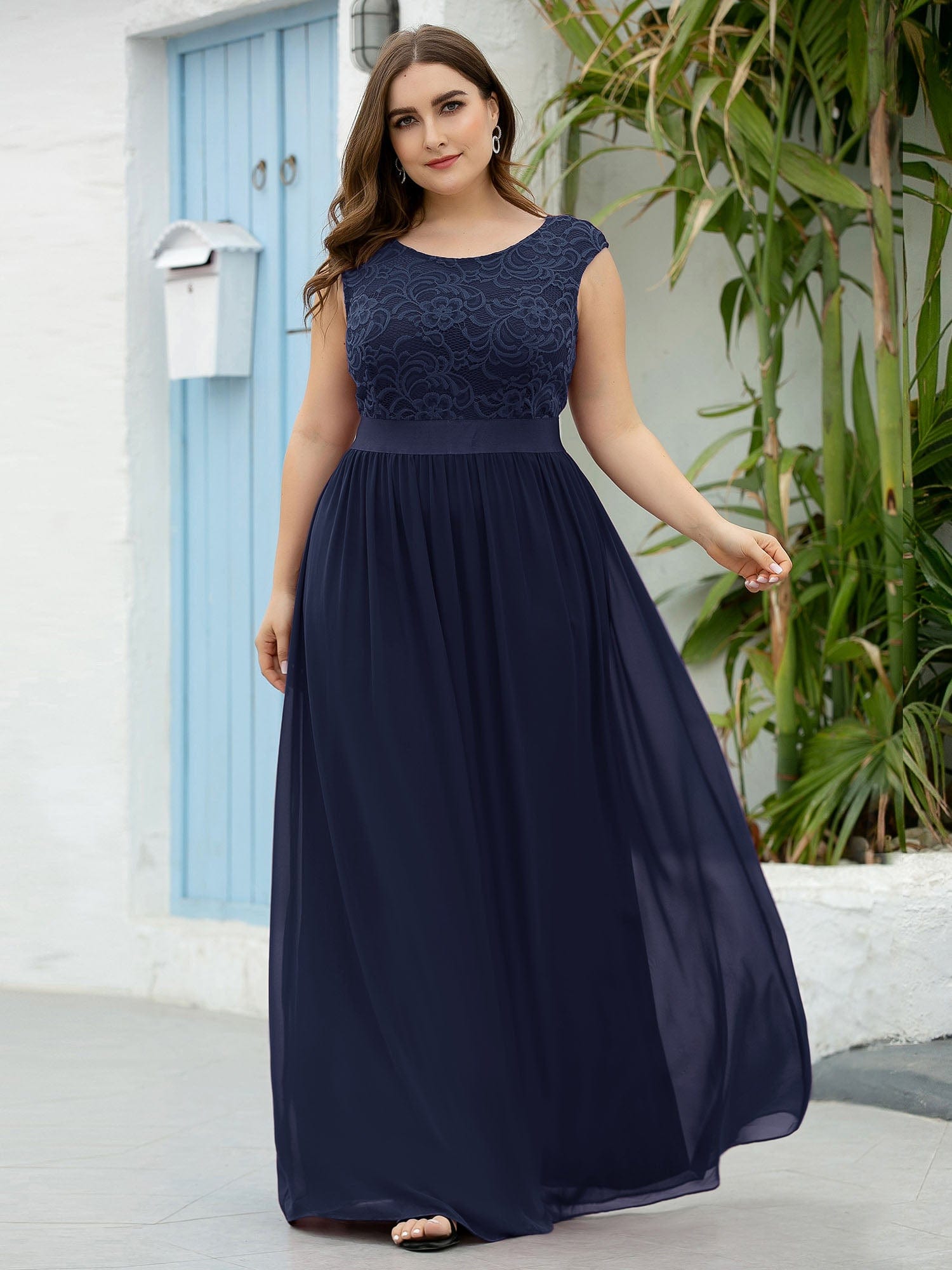 Vestido de dama de honor clásico con escote redondo y espalda en V, de encaje, talla personalizada, para noche formal