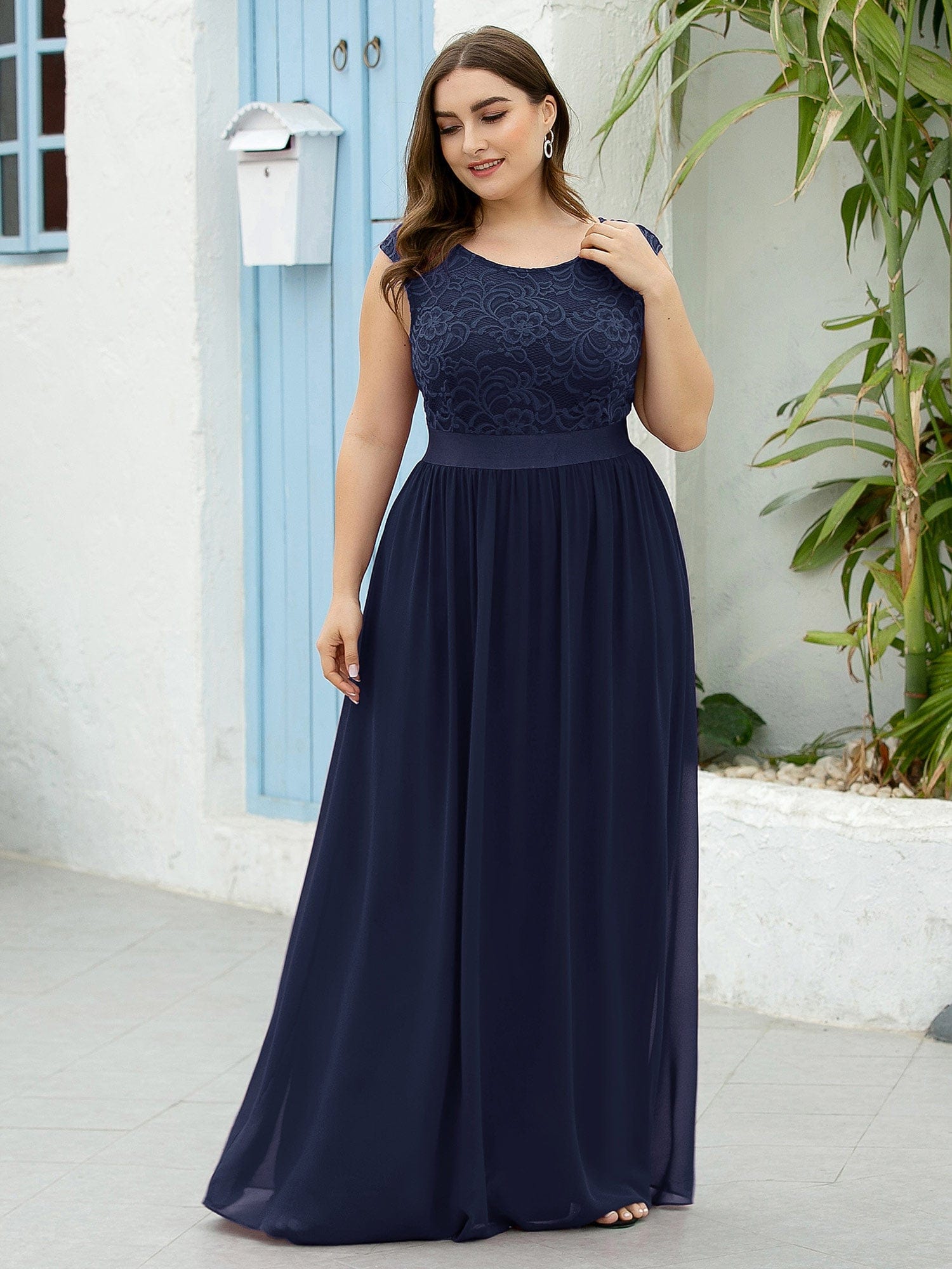 Vestido de dama de honor clásico con escote redondo y espalda en V, de encaje, talla personalizada, para noche formal