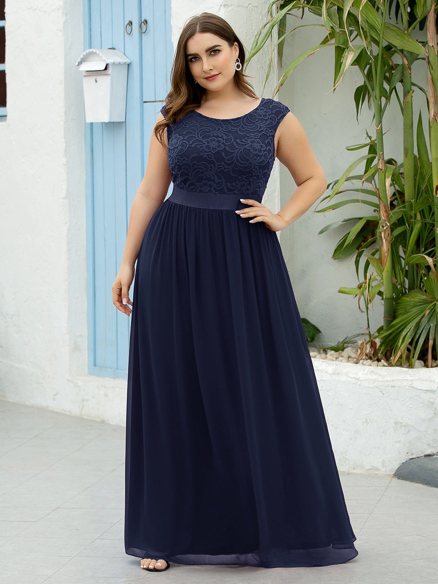 Vestido de dama de honor clásico con escote redondo y espalda en V, de encaje, talla personalizada, para noche formal