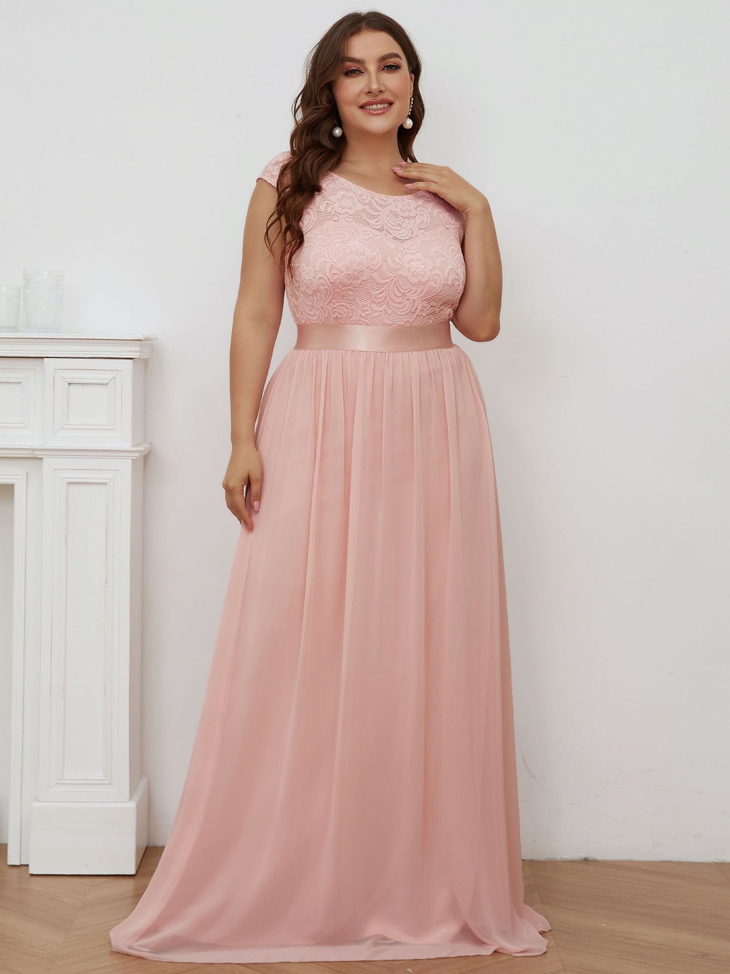 Vestido de dama de honor clásico con escote redondo y espalda en V, de encaje, talla personalizada, para noche formal
