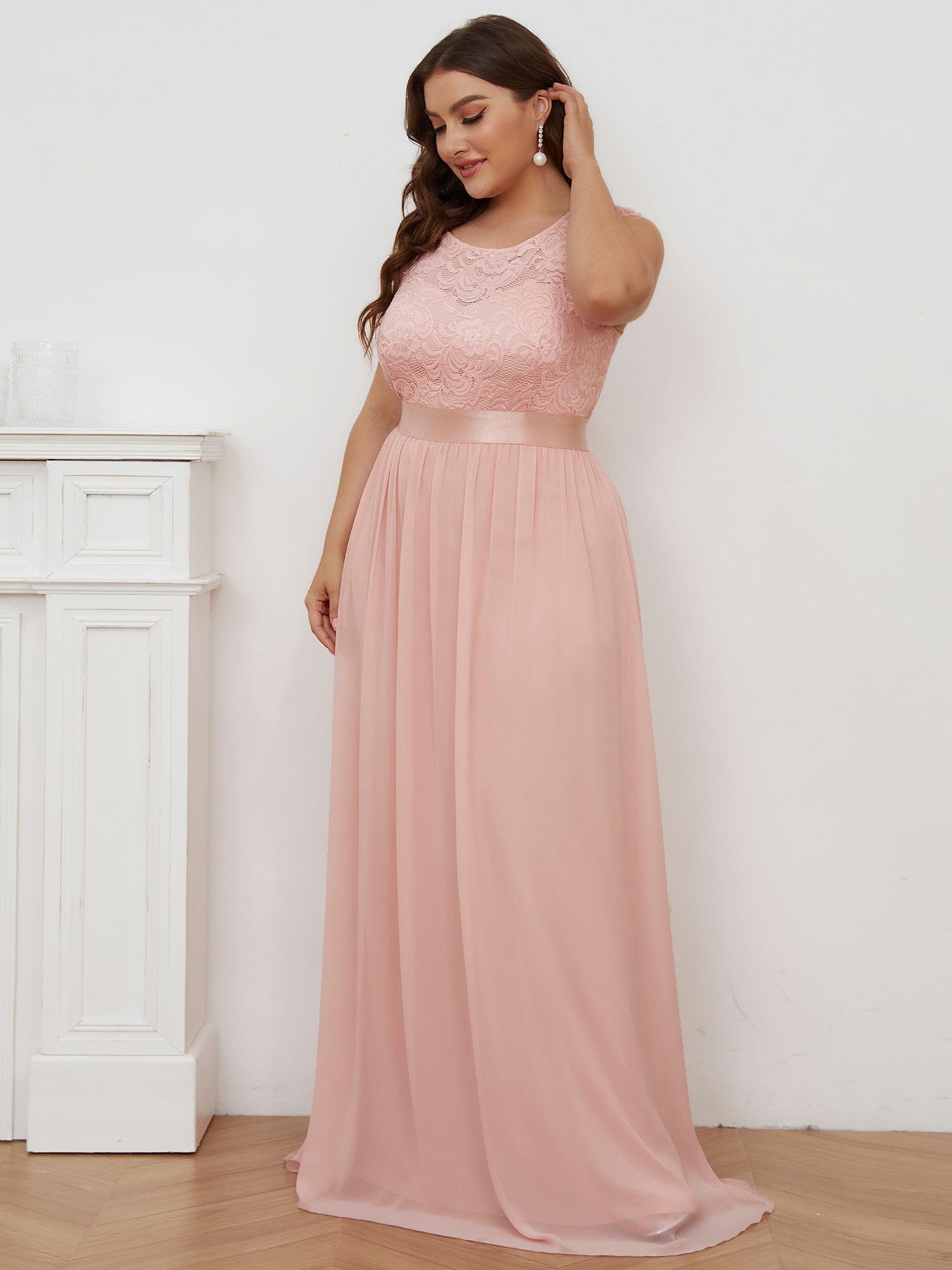 Vestido de dama de honor clásico con escote redondo y espalda en V, de encaje, talla personalizada, para noche formal