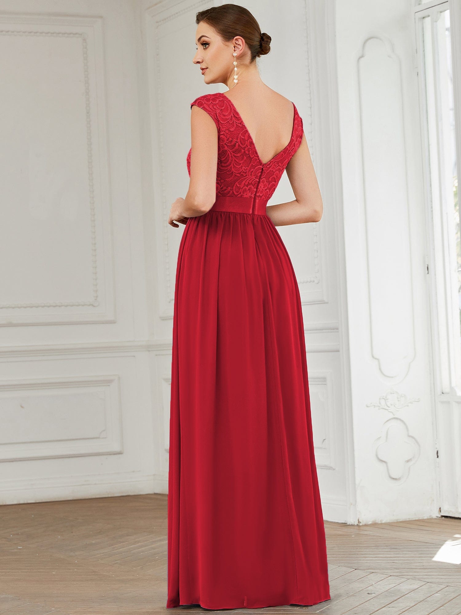 Vestido de dama de honor clásico con escote redondo y espalda en V, de encaje, talla personalizada, para noche formal