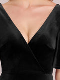 Elegantes Partykleid aus Samt mit doppeltem V-Ausschnitt und Ärmeln, Kleider für die Brautmutter, formelle Abendkleider