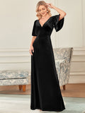 Elegantes Partykleid aus Samt mit doppeltem V-Ausschnitt und Ärmeln, Kleider für die Brautmutter, formelle Abendkleider