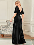 Elegantes Partykleid aus Samt mit doppeltem V-Ausschnitt und Ärmeln, Kleider für die Brautmutter, formelle Abendkleider