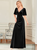 Elegantes Partykleid aus Samt mit doppeltem V-Ausschnitt und Ärmeln, Kleider für die Brautmutter, formelle Abendkleider