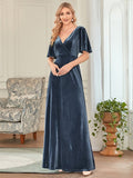 Elegantes Partykleid aus Samt mit doppeltem V-Ausschnitt und Ärmeln, Kleider für die Brautmutter, formelle Abendkleider
