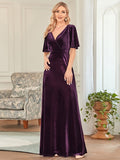 Elegantes Partykleid aus Samt mit doppeltem V-Ausschnitt und Ärmeln, Kleider für die Brautmutter, formelle Abendkleider