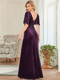 Elegantes Partykleid aus Samt mit doppeltem V-Ausschnitt und Ärmeln, Kleider für die Brautmutter, formelle Abendkleider