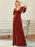 Elegantes Partykleid aus Samt mit doppeltem V-Ausschnitt und Ärmeln, Kleider für die Brautmutter, formelle Abendkleider