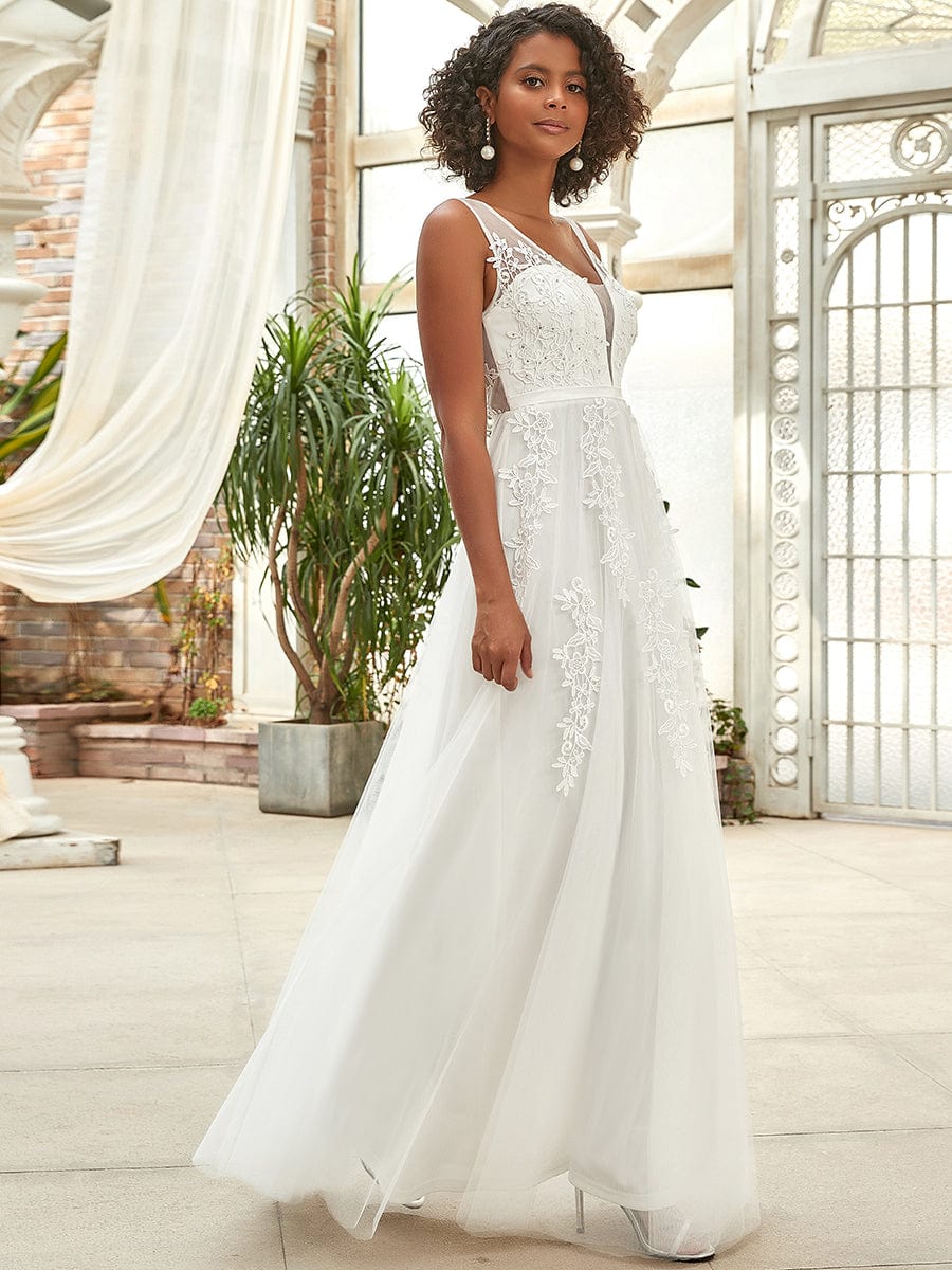 Maxi Langes Elegantes Ätherisches Tüll Brautkleid mit Spitze Brautkleider Weiß Elfenbein Kleider