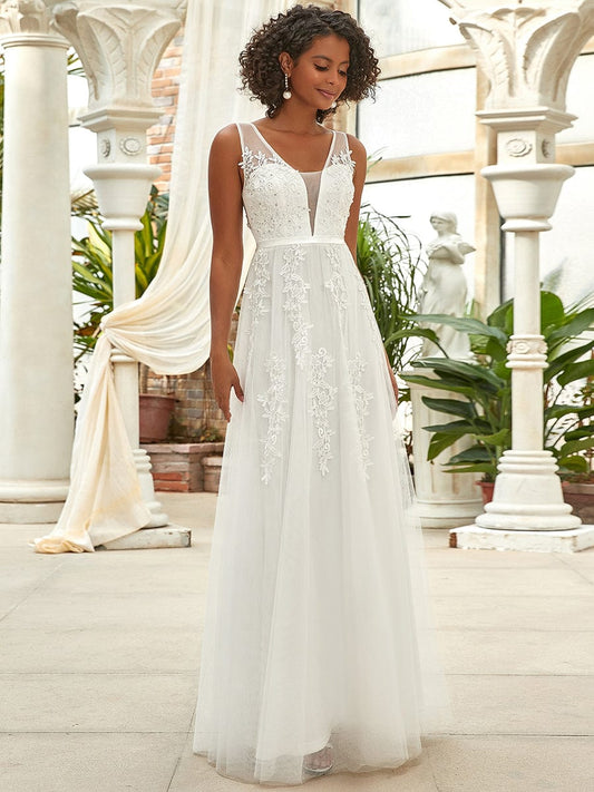 Maxi Langes Elegantes Ätherisches Tüll Brautkleid mit Spitze Brautkleider Weiß Elfenbein Kleider