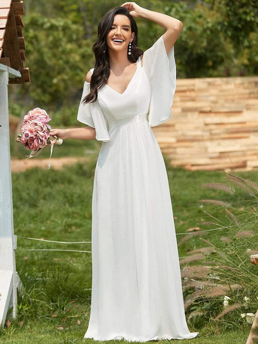 Elegant Cold Shoulder Flutter Sleeves Flowy Bridesmaid Dress Women's Formal Evening Dresses