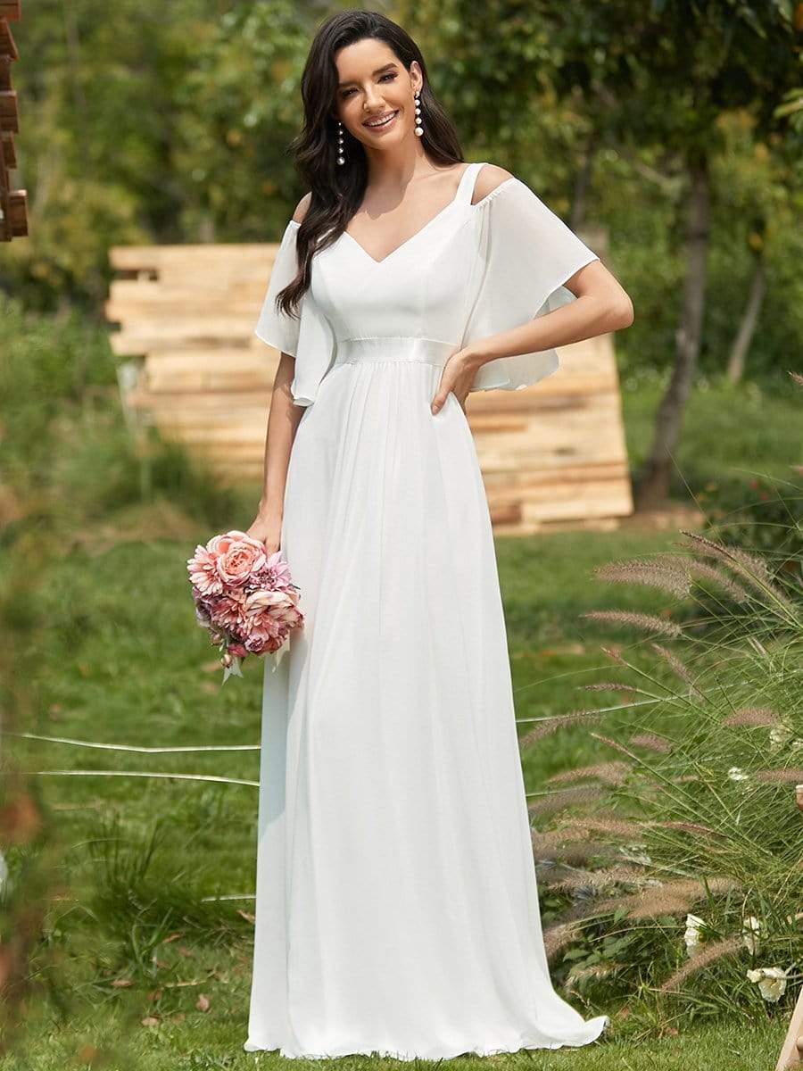 Elegant Cold Shoulder Flutter Sleeves Flowy Bridesmaid Dress Women's Formal Evening Dresses