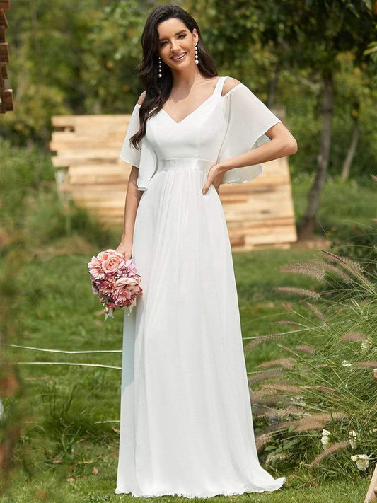 Elegant Cold Shoulder Flutter Sleeves Flowy Bridesmaid Dress Women's Formal Evening Dresses