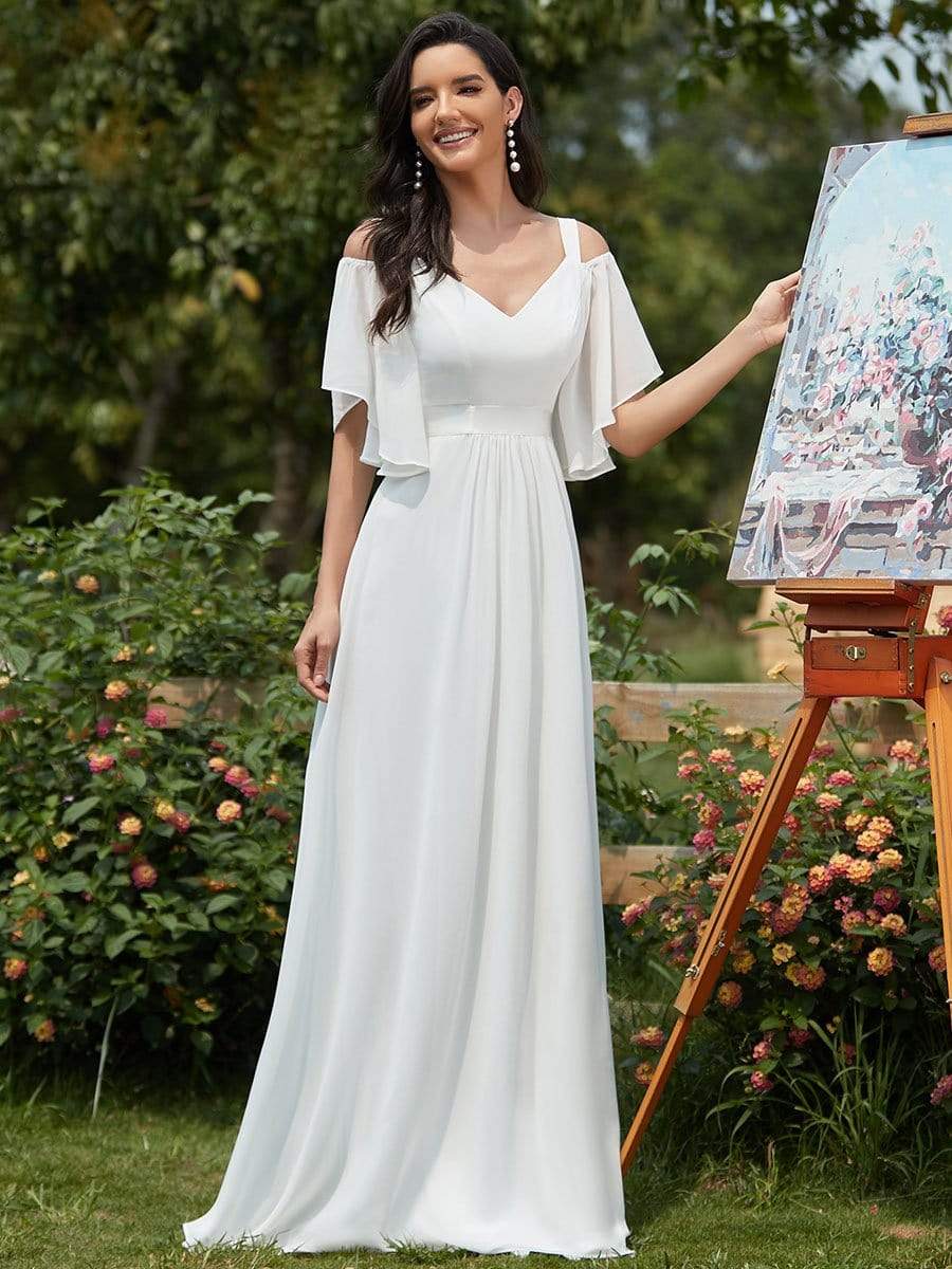 Elegant Cold Shoulder Flutter Sleeves Flowy Bridesmaid Dress Women's Formal Evening Dresses