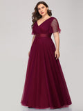 Vestido de dama de honor de tul con escote en V doble, largo hasta el suelo, manga corta, talla personalizada, vestido formal de noche