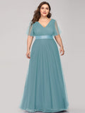 Vestido de dama de honor de tul con escote en V doble, largo hasta el suelo, manga corta, talla personalizada, vestido formal de noche