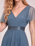 Vestido de dama de honor de tul con escote en V doble, largo hasta el suelo, manga corta, talla personalizada, vestido formal de noche
