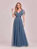 Vestido de dama de honor de tul con escote en V doble, largo hasta el suelo, manga corta, talla personalizada, vestido formal de noche