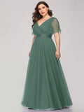 Vestido de dama de honor de tul con escote en V doble, largo hasta el suelo, manga corta, talla personalizada, vestido formal de noche