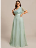 Vestido de dama de honor de tul con escote en V doble, largo hasta el suelo, manga corta, talla personalizada, vestido formal de noche